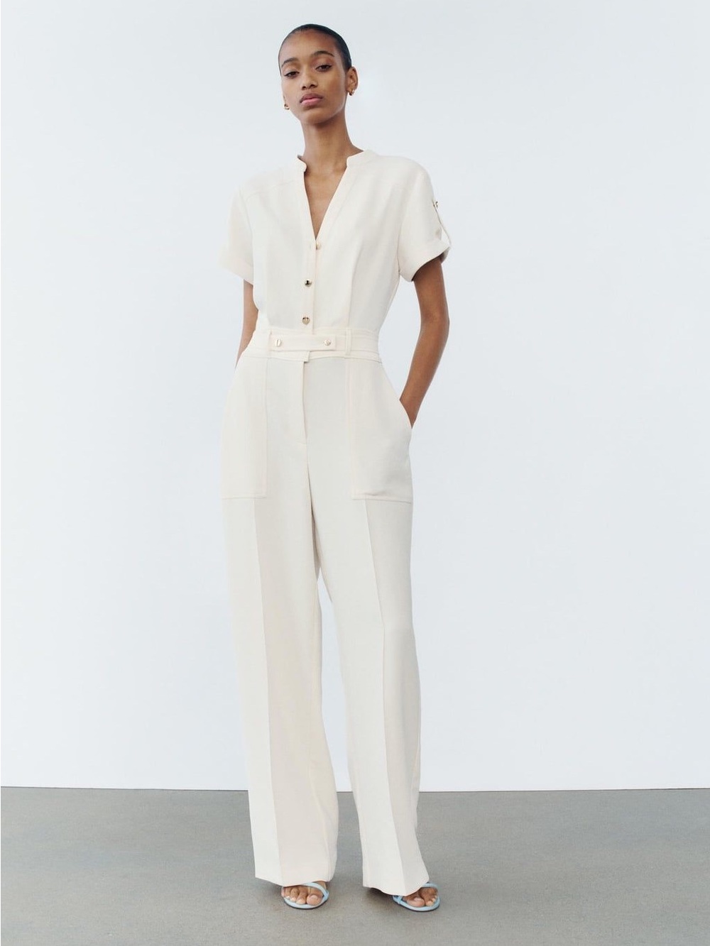 Zara Ecru Belted Wide Leg Jumpsuit Gold Buttons XS